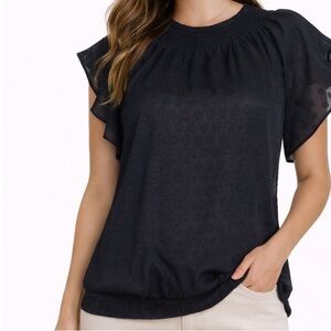 Express top blouse black/gold ruffle sleeve ruched bottom keyhole back SZ SM